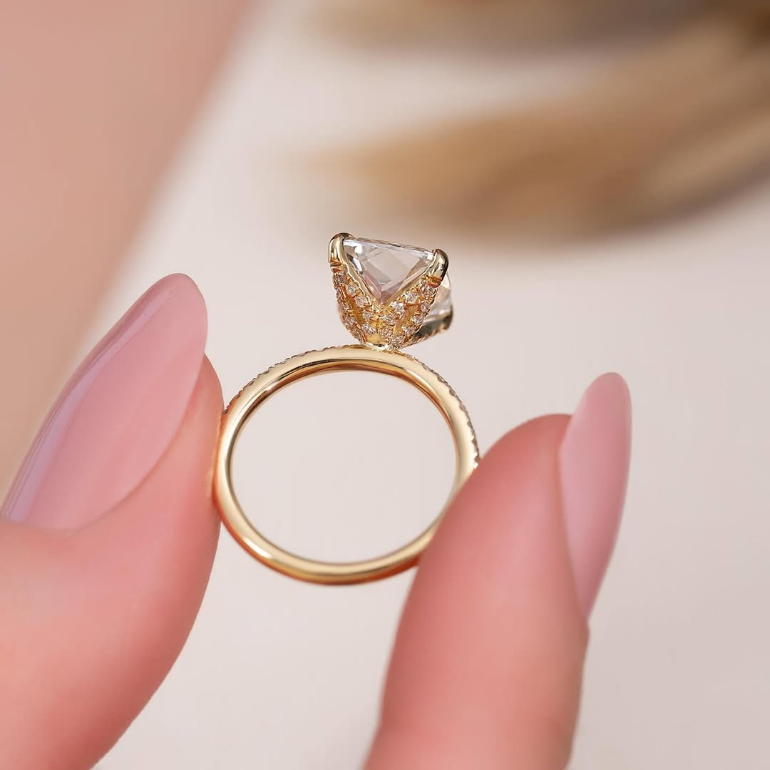 3.0ct Cushion Cut Lab grown Diamond Solitaire Ring With Pave Band & Hidden Halo