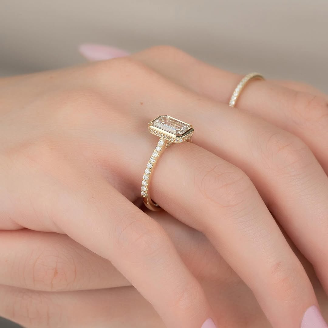 2.0ct Emerald Cut Lab Grown Diamond Solitaire Full Bezel Ring With Pave Band & Hidden Halo