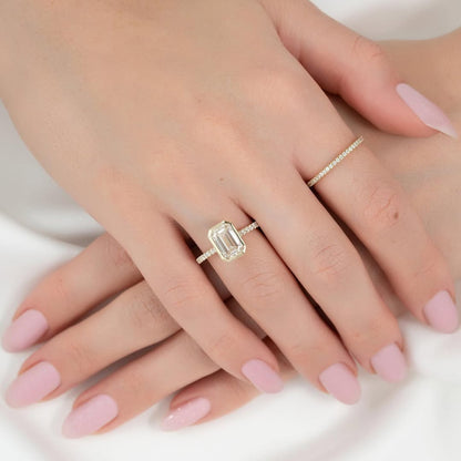 2.0ct Emerald Cut Lab Grown Diamond Engagement Ring Full Bezel Pave Band Hidden Halo IGI Certified