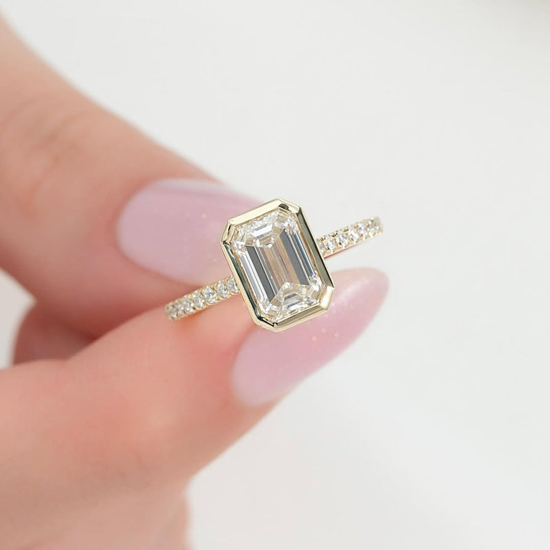 2.0ct Emerald Cut Lab Grown Diamond Engagement Ring Full Bezel Pave Band Hidden Halo IGI Certified