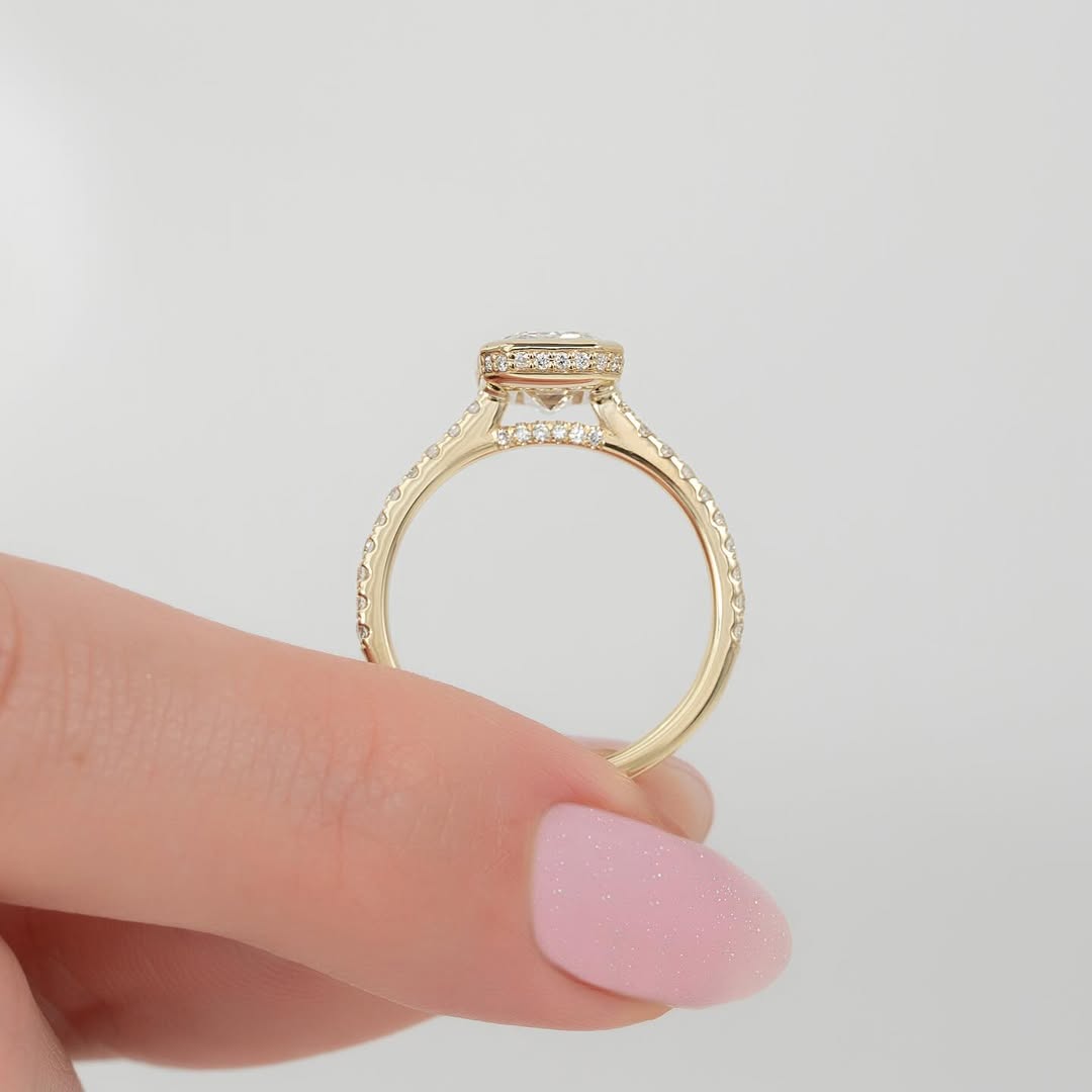 2.0ct Emerald Cut Lab Grown Diamond Solitaire Full Bezel Ring With Pave Band & Hidden Halo