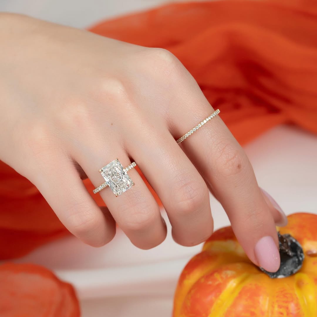 5.0ct Radiant Cut Lab Grown Diamond Solitaire Ring With Pave Band & Hidden Halo