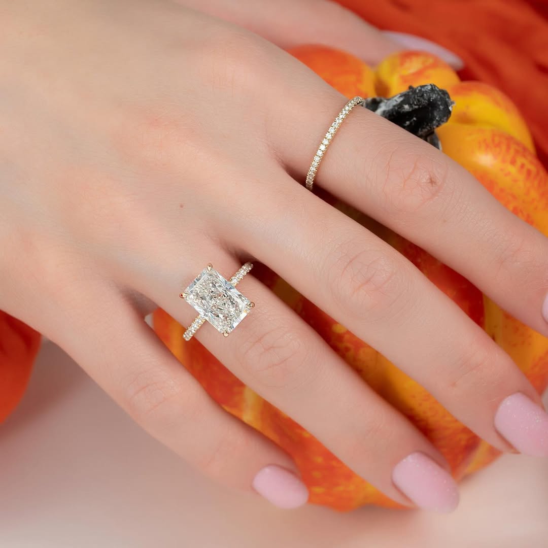 5.0ct Radiant Cut Lab Grown Diamond Solitaire Ring With Pave Band & Hidden Halo