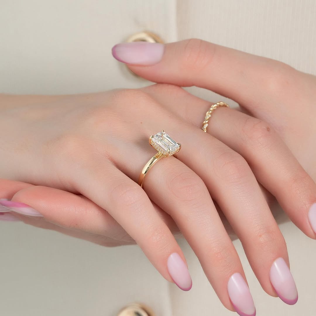 3.0ct Emerald Cut Lab Grown Diamond Solitaire Ring With Hidden Halo