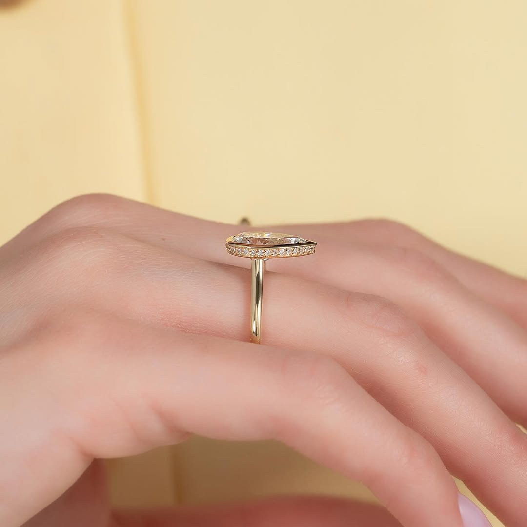 2.0ct Pear Cut Lab grown Diamond Solitaire Ring With Full Bezel & Hidden Halo