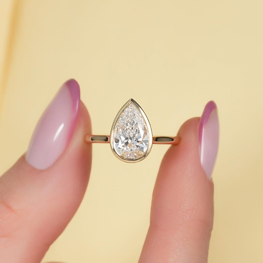 2.0ct Pear Cut Lab grown Diamond Solitaire Ring With Full Bezel & Hidden Halo