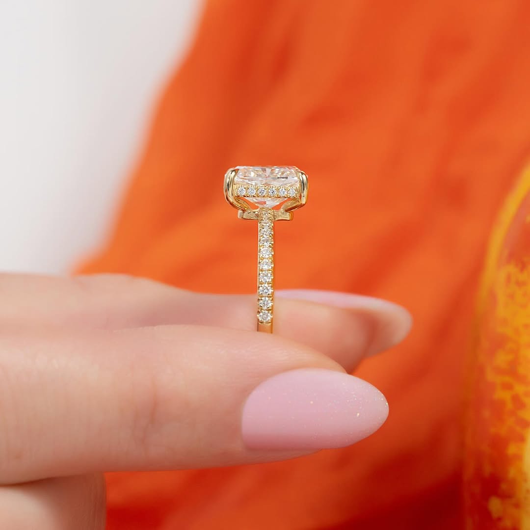 2.50ct Cushion Cut Lab Grown Diamond Solitaire Ring With Pave Band & Hidden Halo