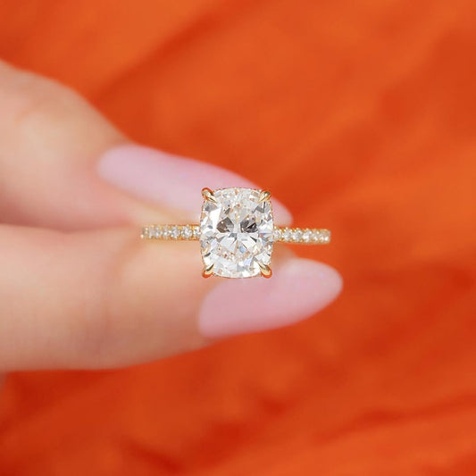 2.50ct Cushion Cut Lab Grown Diamond Solitaire Ring With Pave Band & Hidden Halo