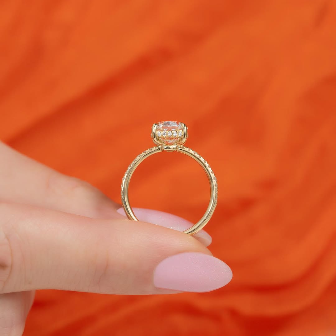 2.50ct Cushion Cut Lab Grown Diamond Solitaire Ring With Pave Band & Hidden Halo