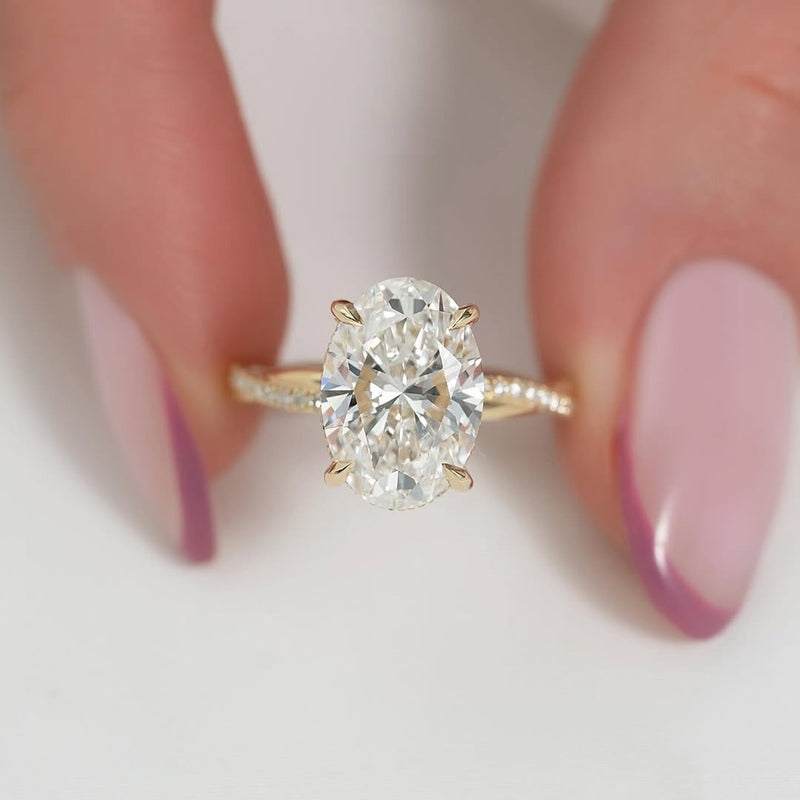 3.50ct Oval Cut Lab grown Diamond Solitaire Ring With Pave Band & Hidden Halo