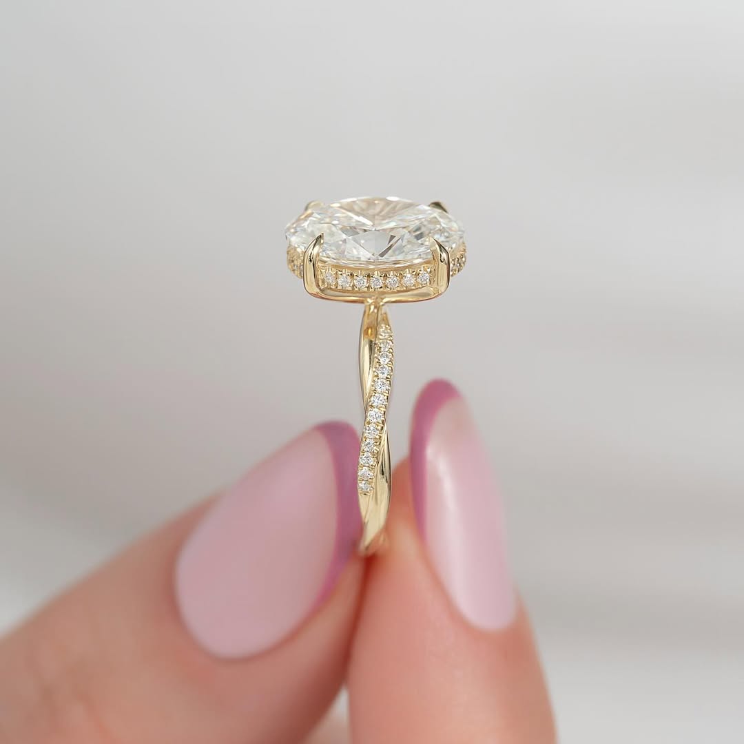 3.50ct Oval Cut Lab grown Diamond Solitaire Ring With Pave Band & Hidden Halo