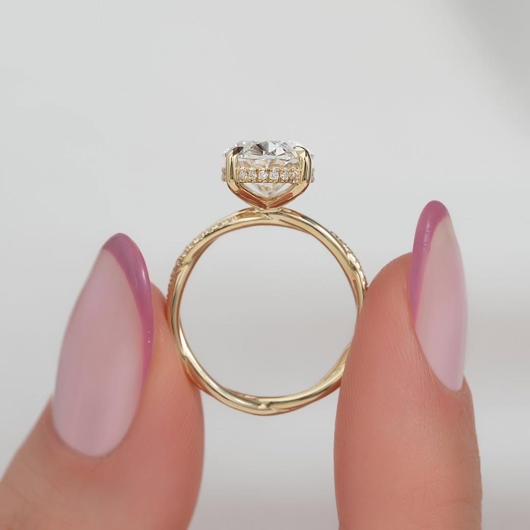 3.50ct Oval Cut Lab grown Diamond Solitaire Ring With Pave Band & Hidden Halo