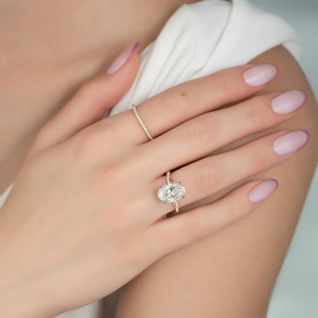 3.50ct Oval Cut Lab grown Diamond Solitaire Ring With Pave Band & Hidden Halo