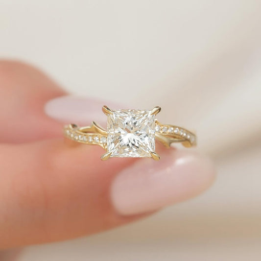 2.0ct Princess Cut Lab Grown Diamond Solitaire Ring With Pave Twisted Band & Hidden Halo