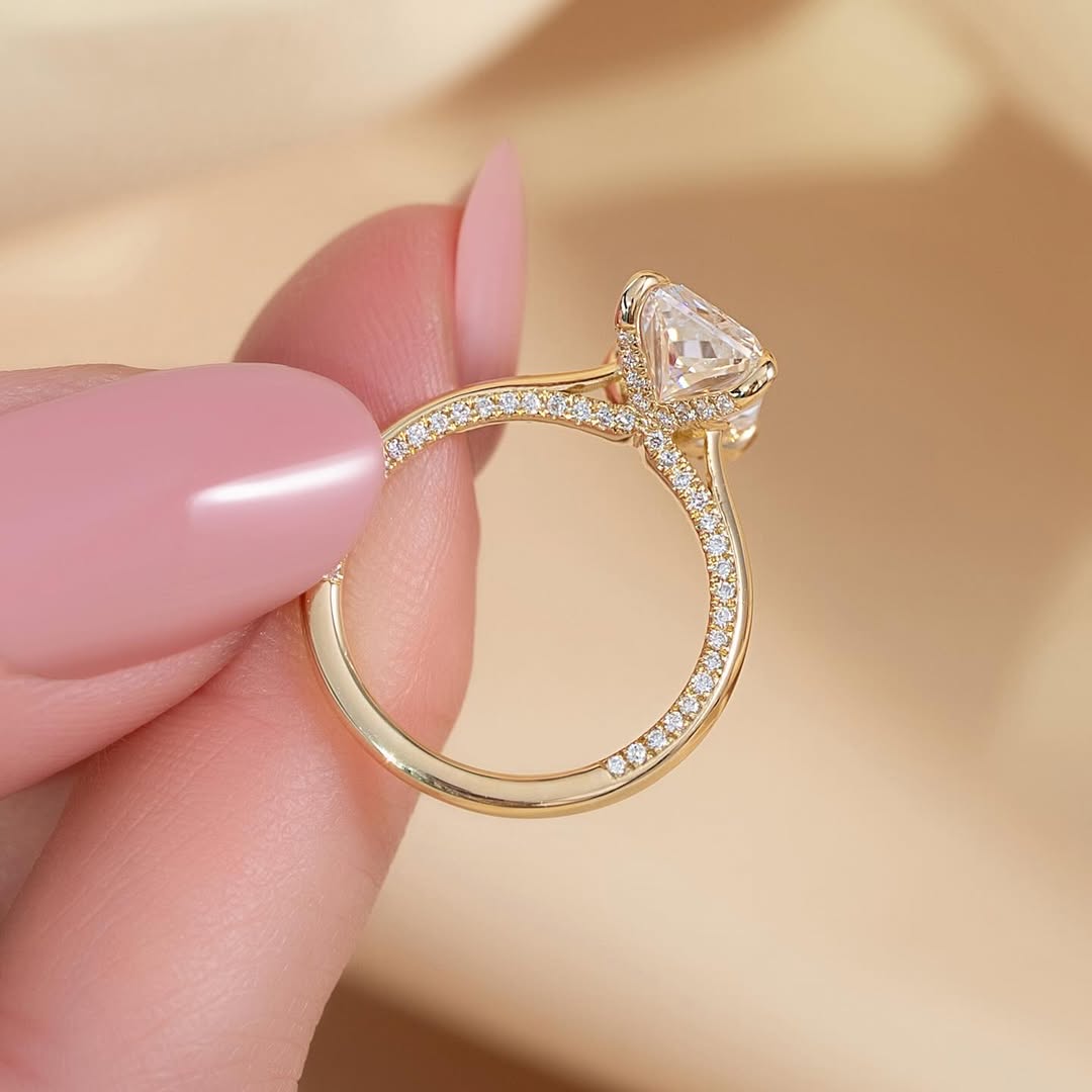 3.0ct Radiant Cut Lab grown Diamond Solitaire Ring With Pave Band & Hidden Halo