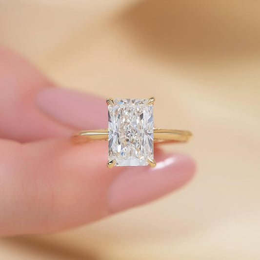 3.0ct Radiant Cut Lab grown Diamond Solitaire Ring With Pave Band & Hidden Halo