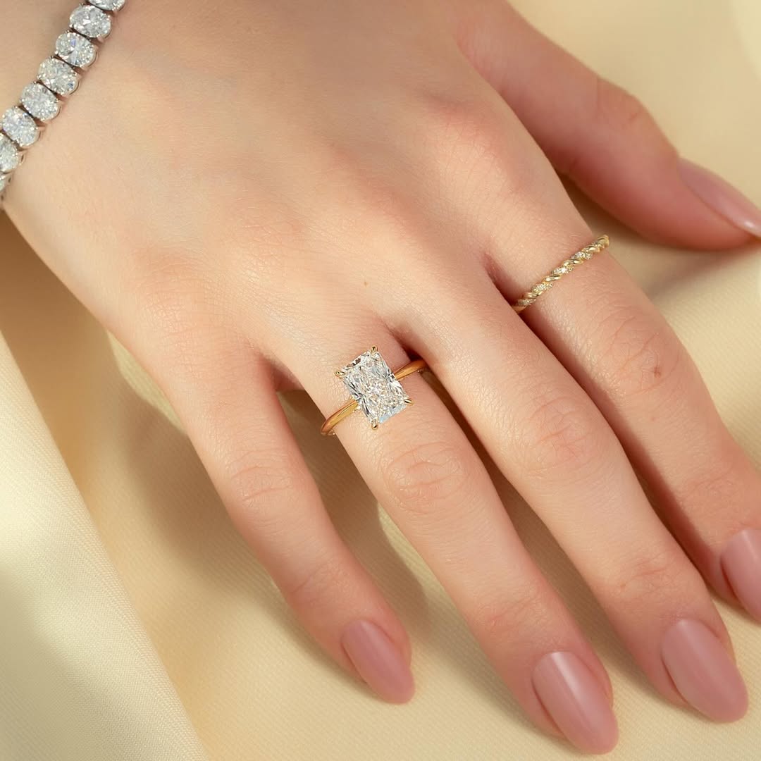 3.0ct Radiant Cut Lab grown Diamond Solitaire Ring With Pave Band & Hidden Halo