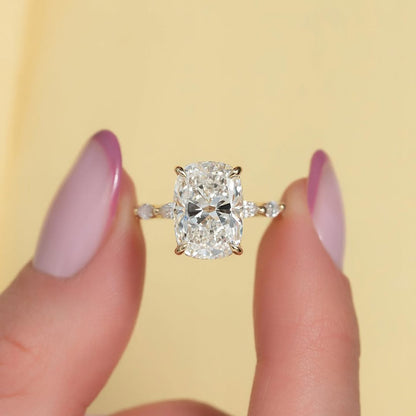 4.0ct Cushion Cut Lab grown Diamond Solitaire Ring With Pave Band And Hidden Halo Setting