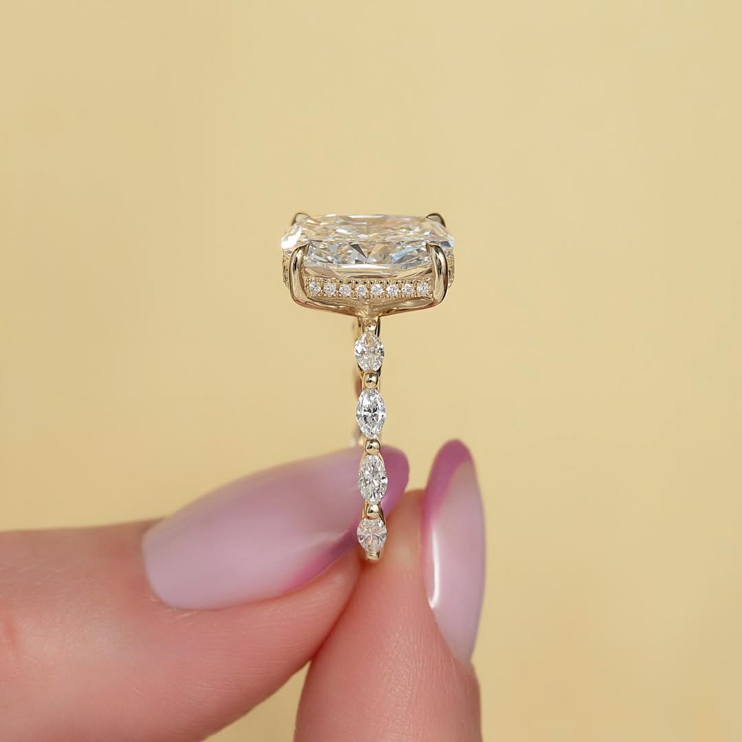 4.0ct Cushion Cut Lab grown Diamond Solitaire Ring With Pave Band And Hidden Halo Setting