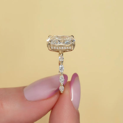 4.0ct Cushion Cut Lab grown Diamond Solitaire Ring With Pave Band And Hidden Halo Setting