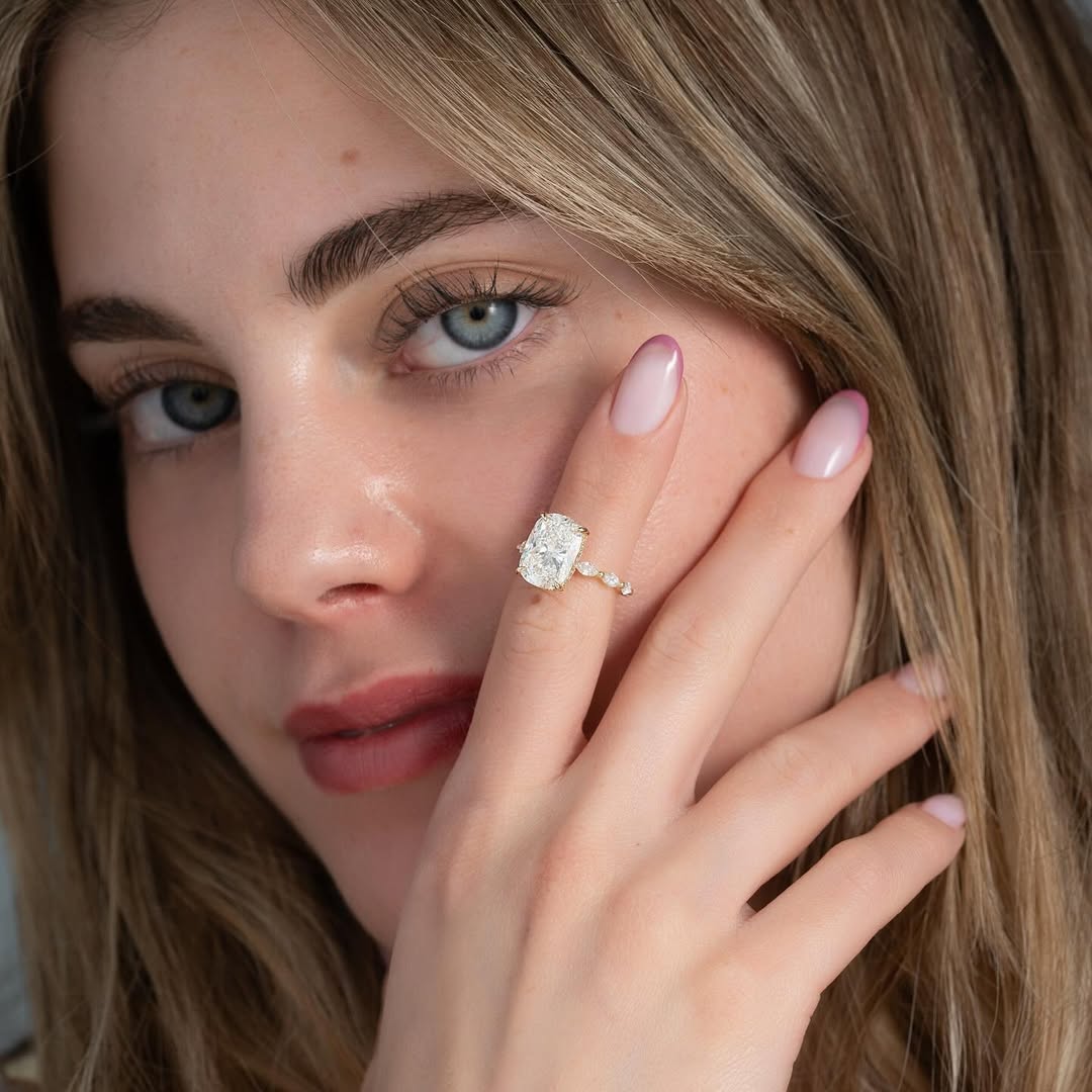 4.0ct Cushion Cut Lab grown Diamond Solitaire Ring With Pave Band And Hidden Halo Setting