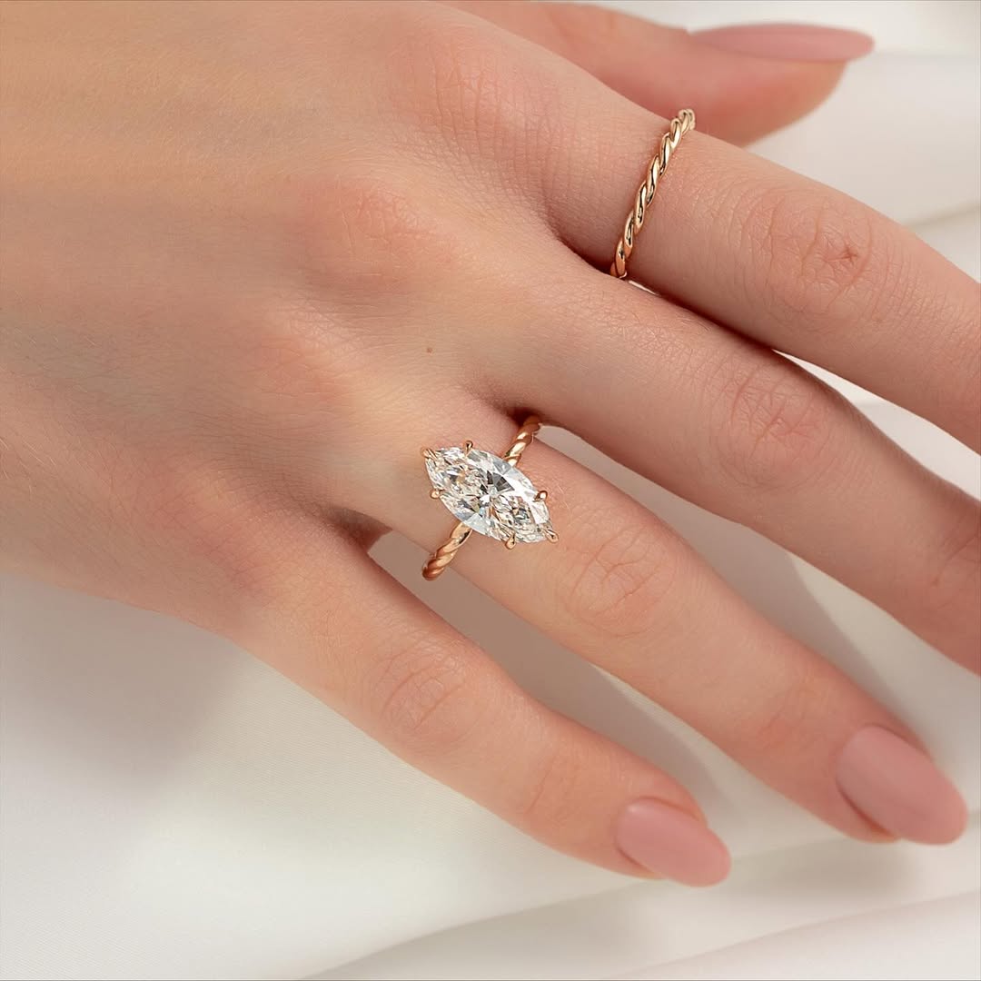 3.0ct Marquise Cut Lab Grown Diamond Solitaire Ring With Twisted Band & Hidden Halo