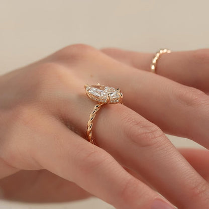 3.0ct Marquise Cut Lab Grown Diamond Solitaire Ring With Twisted Band & Hidden Halo
