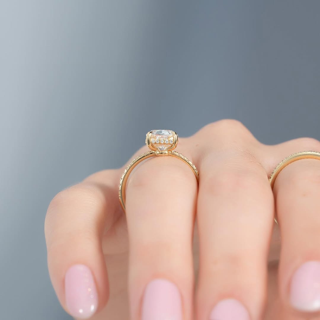 2.50ct Cushion Cut Lab Grown Diamond Solitaire Ring With Pave Band & Hidden Halo