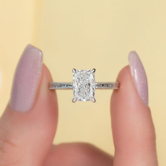 2.0ct Radiant Cut Lab grown Diamond Ring with Hidden Halo Pave Band IGI Certified