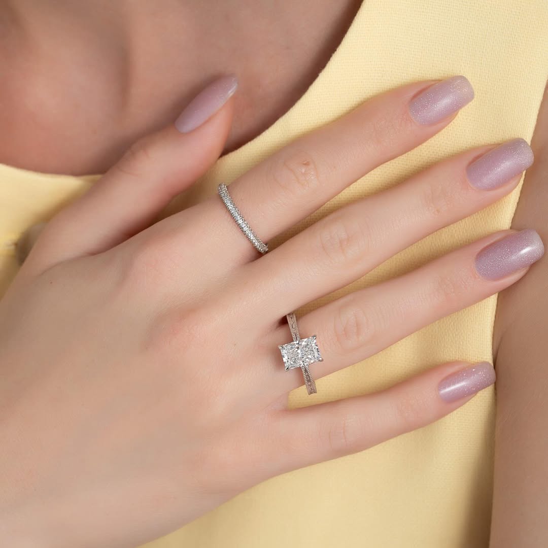 2.0ct Radiant Cut Lab grown Diamond Ring with Hidden Halo Pave Band IGI Certified