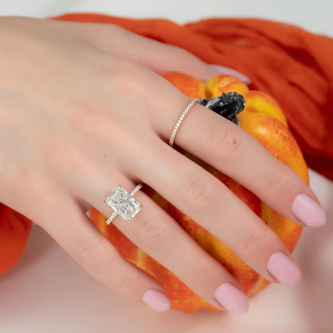 5.0ct Radiant Cut Lab Grown Diamond Solitaire Ring With Pave Band & Hidden Halo