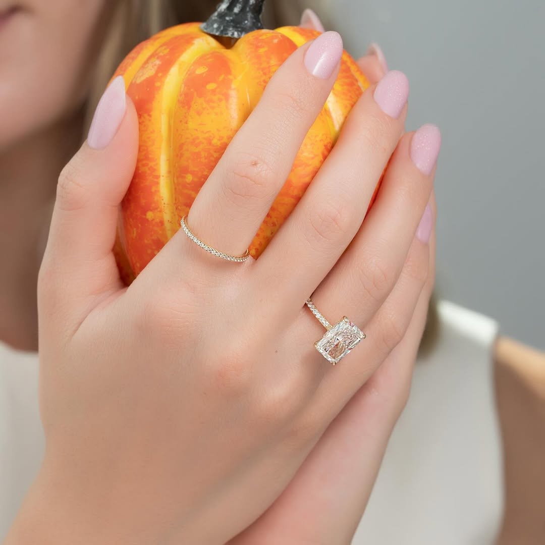 5.0ct Radiant Cut Lab Grown Diamond Solitaire Ring With Pave Band & Hidden Halo