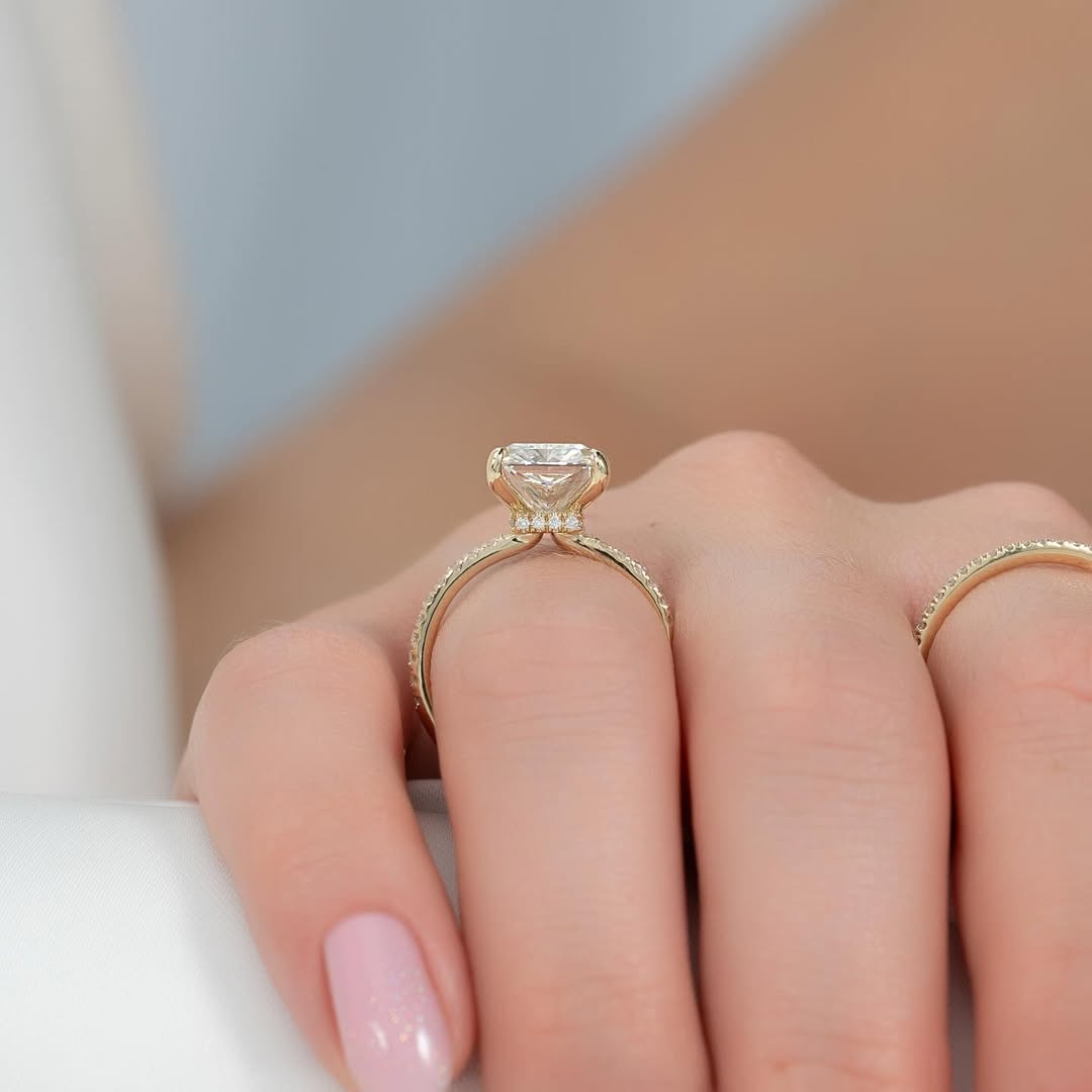 5.0ct Radiant Cut Lab Grown Diamond Solitaire Ring With Pave Band & Hidden Halo