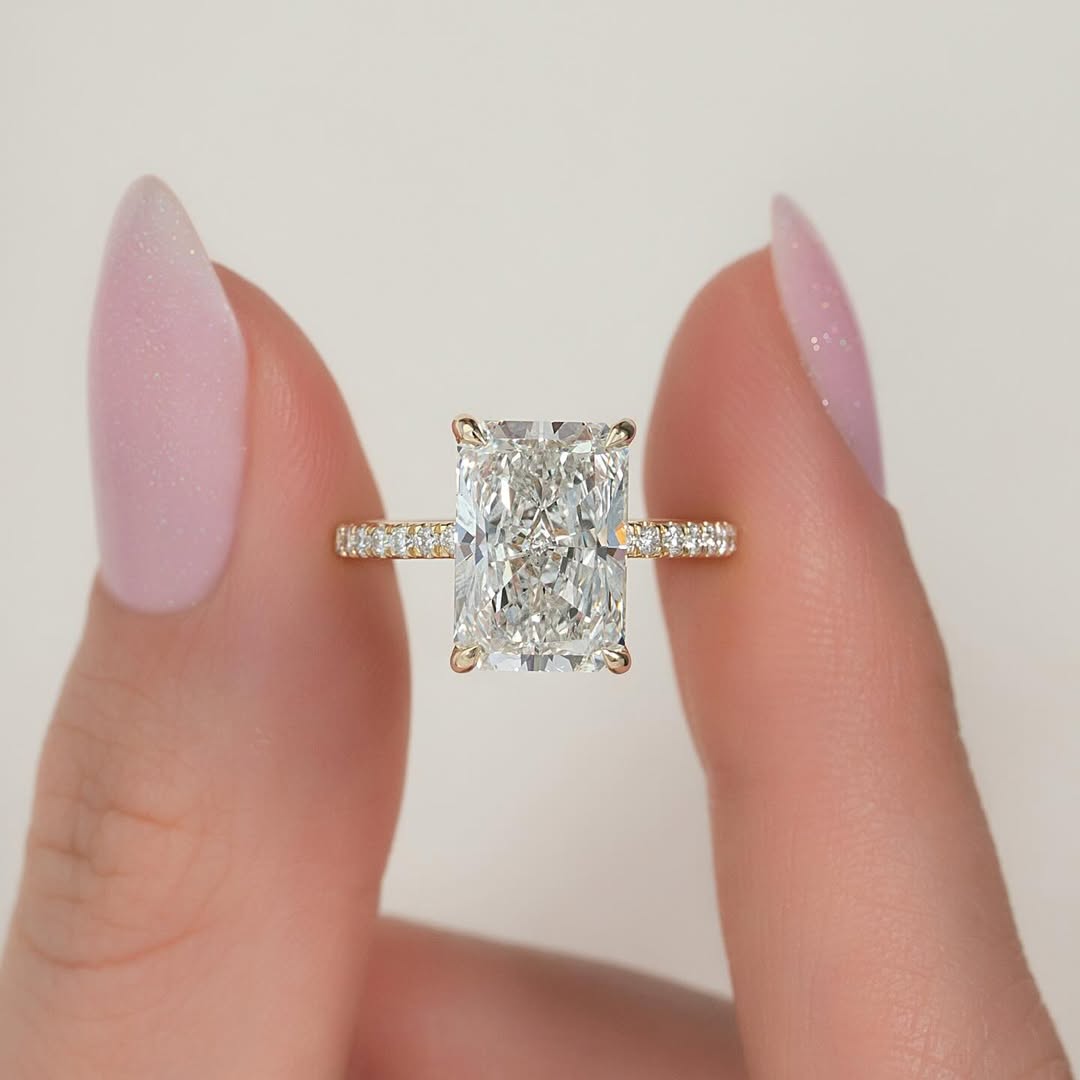 5.0ct Radiant Cut Lab Grown Diamond Solitaire Ring With Pave Band & Hidden Halo