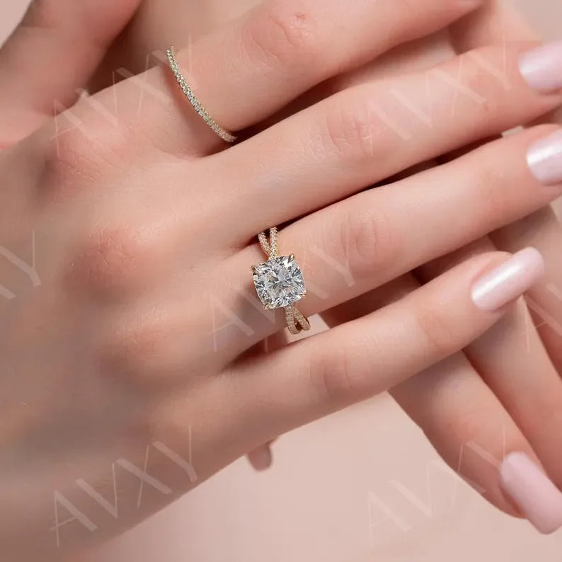 1.50 CT Cushion Cut Lab Grown Diamond Ring Twisted Pavé Band Design Engagement Wedding Bridal Jewelry Unique Proposal Ring for Her Luxury Style