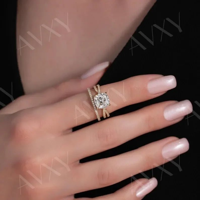 Cushion Cut 1.50 CT Lab Grown Diamond Twisted Pavé Engagement Ring Bridal Wedding Jewelry Unique Proposal Ring for Her Elegant Luxury Statement Piece