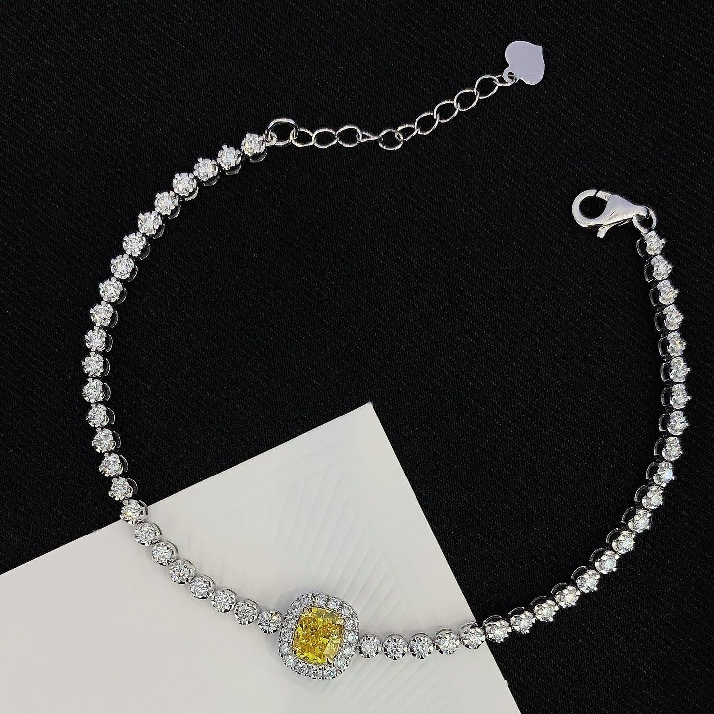 Cushion 1.80tcw Fancy Yellow Lab Grown Diamond Round White Halo Side Stone Bracelet, VS Clarity, IGI Certified Bracelet 