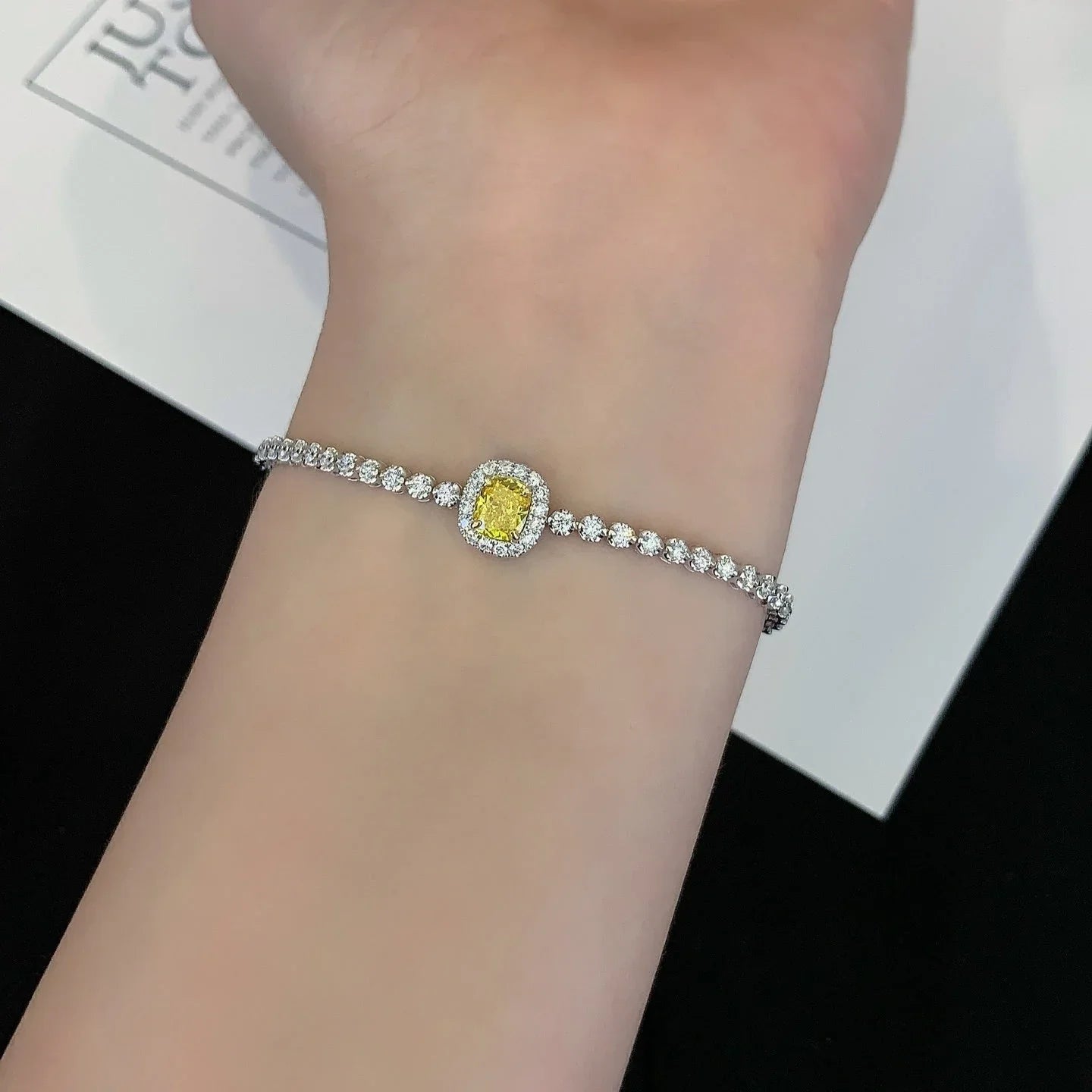 Cushion 1.80tcw Fancy Yellow Lab Grown Diamond Round White Halo Side Stone Bracelet, VS Clarity, IGI Certified Bracelet 