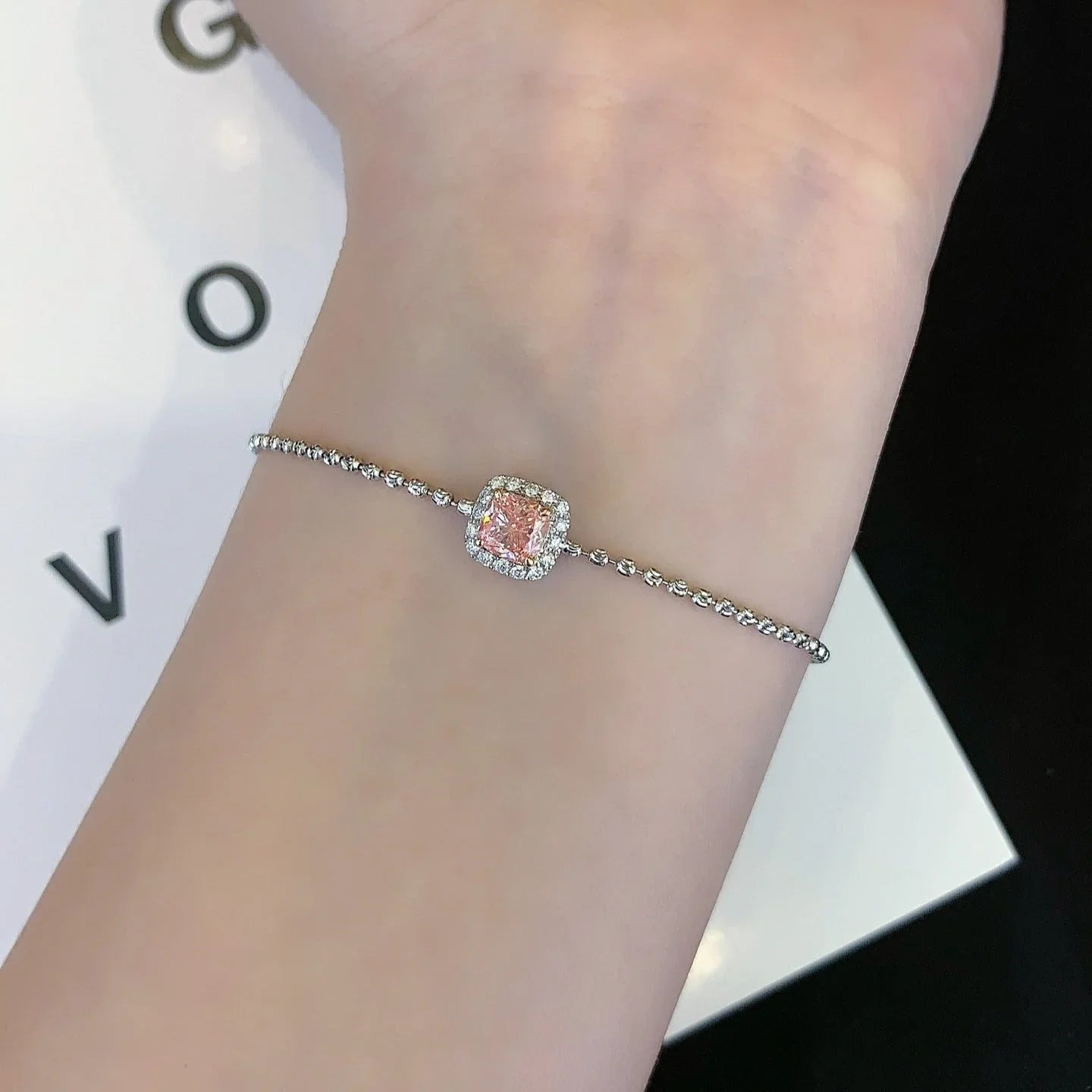 Elegant 1.20tcw Pink Cushion & White Halo Lab Diamond Bracelet | VVS–VS Clarity 