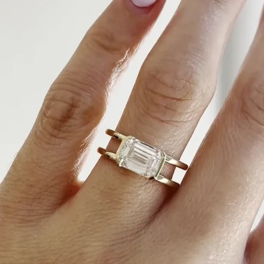 Luxury 3.00ct Emerald Cut Lab Grown Diamond Ring East West Half Bezel Split Shank Engagement Wedding Ring IGI Certified Modern Bridal Jewelry