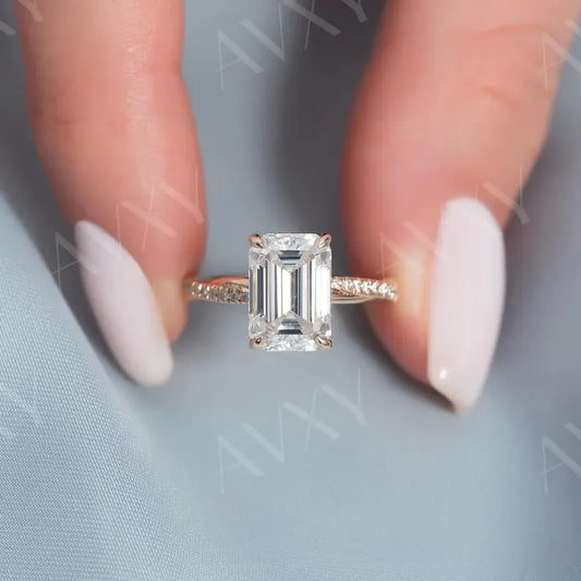 4.00 CT Emerald Lab Grown Diamond Hidden Halo Twisted Pavé Band Engagement Ring Anniversary Gift for Girlfriend Elegant Bridal Jewelry Design