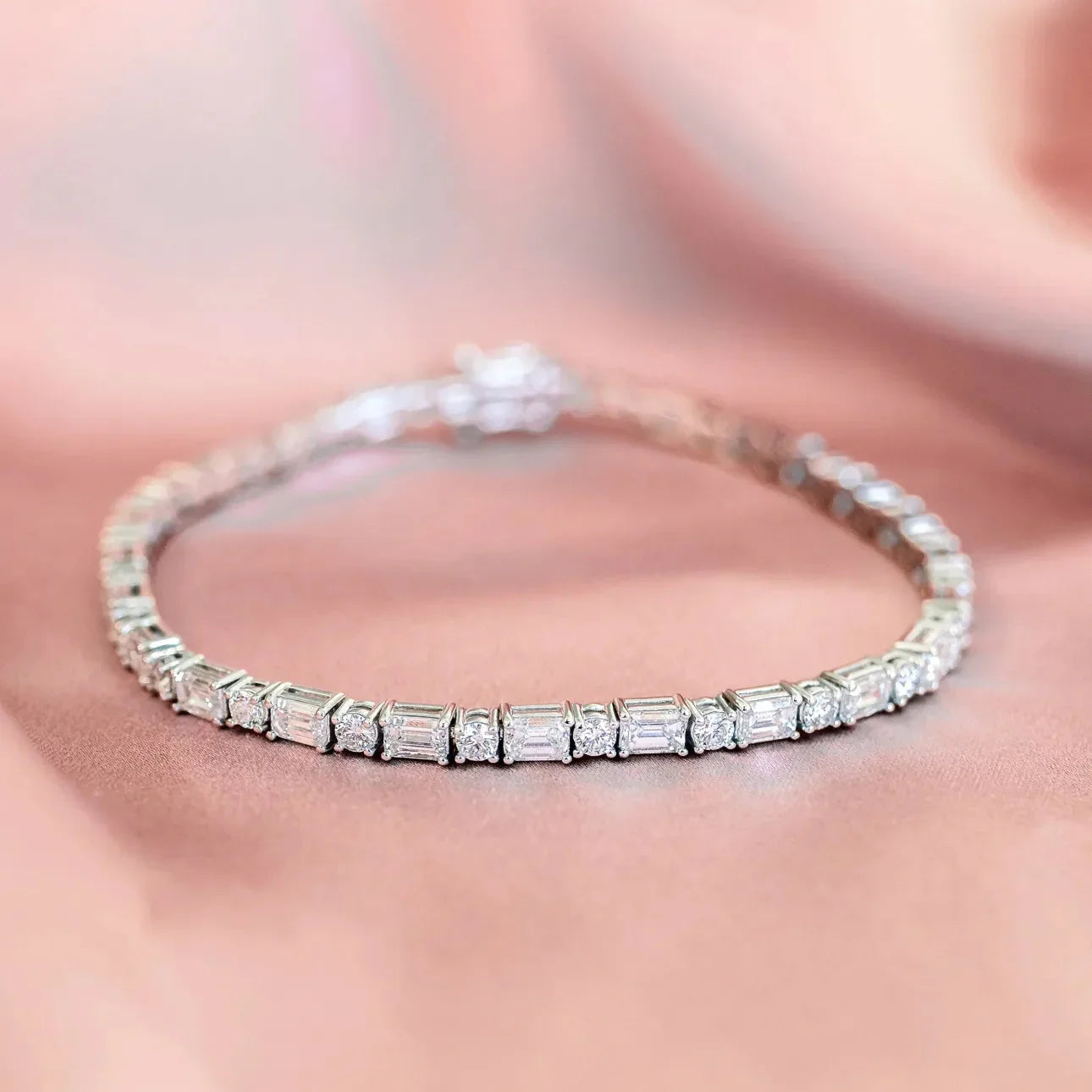 Emerald and Round Lab Grown Diamond Tennis Bracelet, EF Color, VS Clarity, IGI Certified 