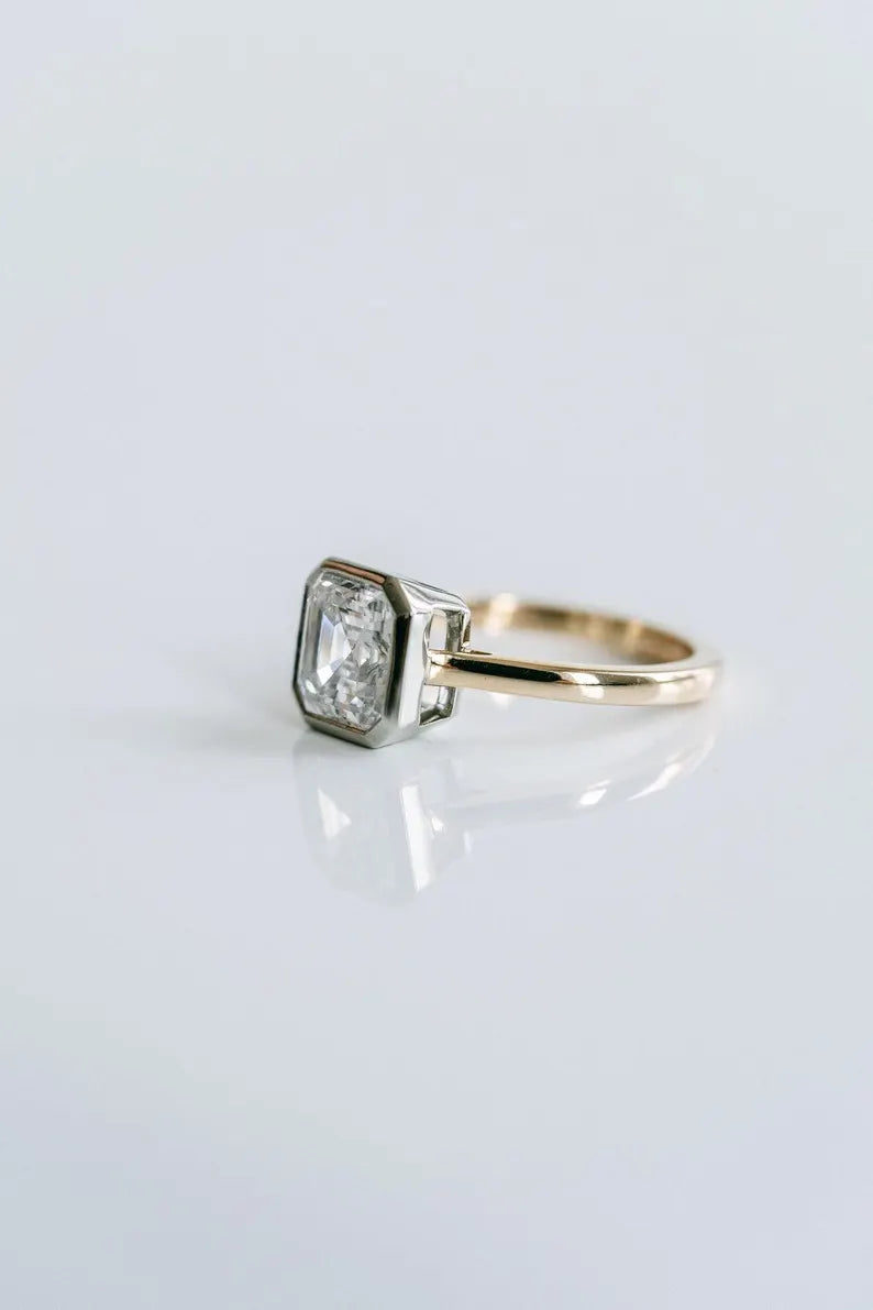 Square Emerald 2.50ct Lab Diamond Two Tone Ring Full Bezel Anniversary Ring Single Diamond Ring Promise Ring Birthday Gift