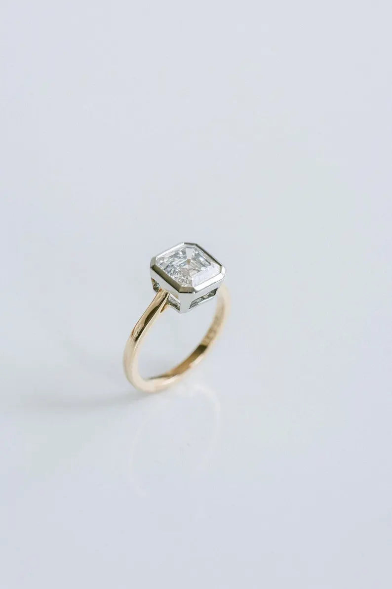 Square Emerald 2.50ct Lab Diamond Two Tone Ring Full Bezel Anniversary Ring Single Diamond Ring Promise Ring Birthday Gift