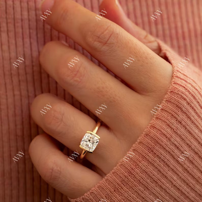 Asscher 2.50ct Lab Grown Diamond Ring Half Bezel Single Diamond Proposal Ring Birthday Gift