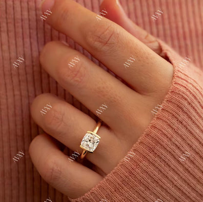 Asscher 2.50ct Lab Grown Diamond Ring Half Bezel Single Diamond Proposal Ring Birthday Gift