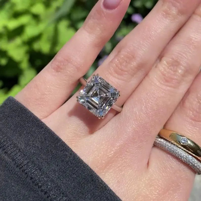 Asscher 3.0ct Lab Grown Diamond Ring Half Bezel Double Prong Forever classic Ring Custom Made Ring