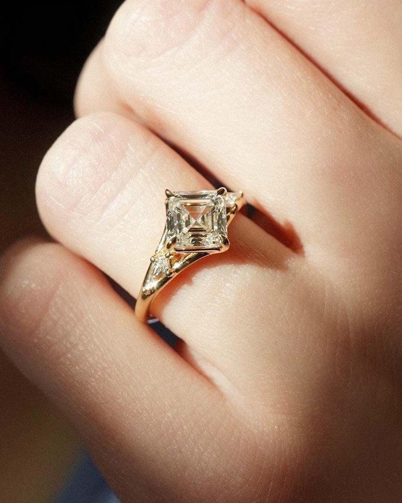 Asscher 2.50ct Lab Grown Diamond Ring Side Kite Anniversary Ring Unique Bridal Ring