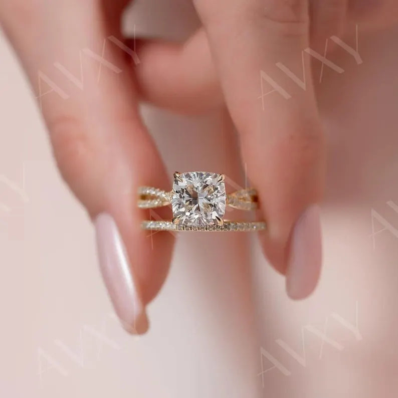 Cushion 1.50CT Lab Grown Diamond Twisted pave Band Engagement Ring Wedding Ring Bridal Jewelry Unique Proposal Ring For Her