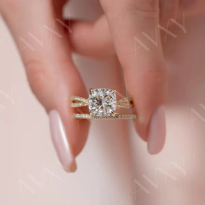 Cushion 1.50CT Lab Grown Diamond Twisted pave Band Engagement Ring Wedding Ring Bridal Jewelry Unique Proposal Ring For Her